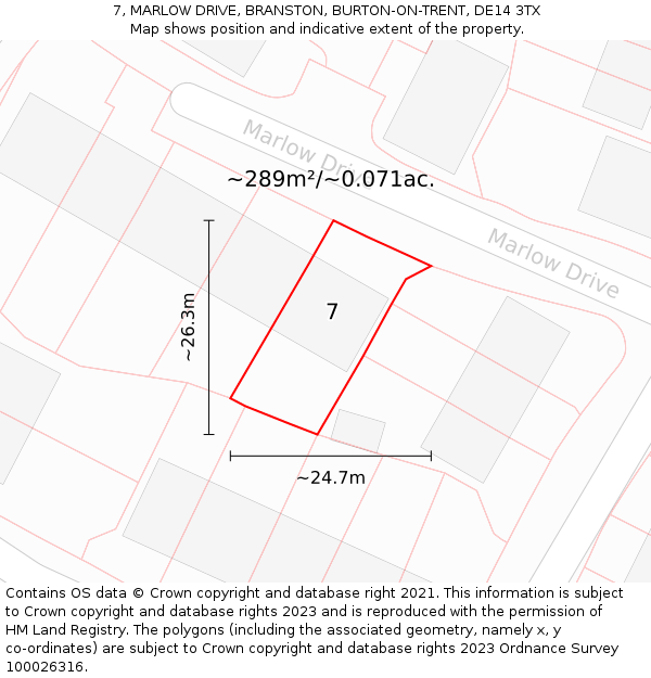 7, MARLOW DRIVE, BRANSTON, BURTON-ON-TRENT, DE14 3TX: Plot and title map