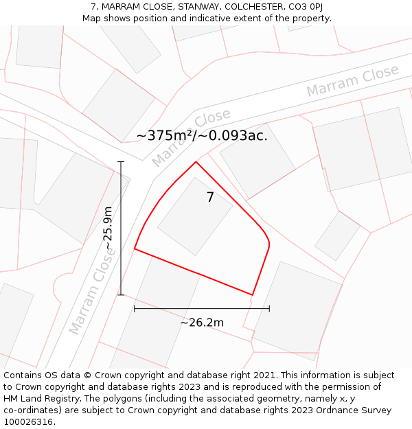 7, MARRAM CLOSE, STANWAY, COLCHESTER, CO3 0PJ: Plot and title map