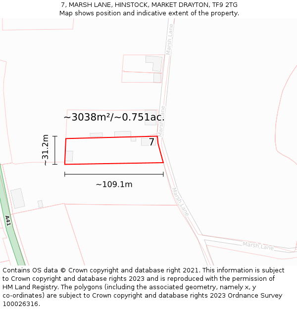 7, MARSH LANE, HINSTOCK, MARKET DRAYTON, TF9 2TG: Plot and title map