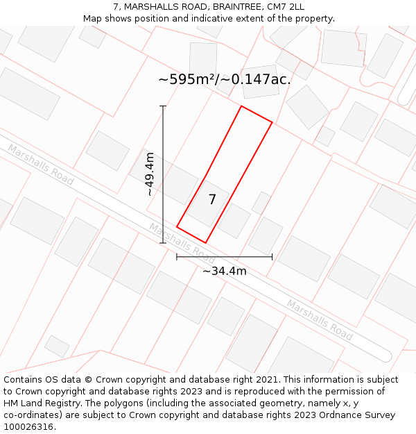 7, MARSHALLS ROAD, BRAINTREE, CM7 2LL: Plot and title map