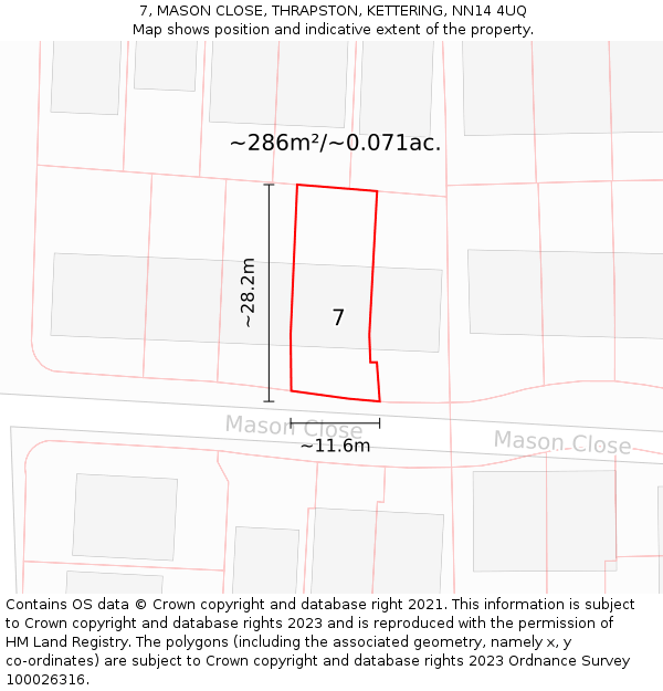 7, MASON CLOSE, THRAPSTON, KETTERING, NN14 4UQ: Plot and title map