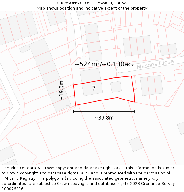 7, MASONS CLOSE, IPSWICH, IP4 5AF: Plot and title map