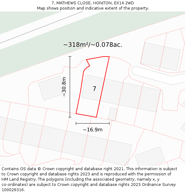 7, MATHEWS CLOSE, HONITON, EX14 2WD: Plot and title map