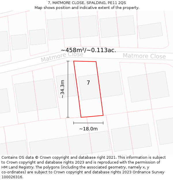 7, MATMORE CLOSE, SPALDING, PE11 2QS: Plot and title map