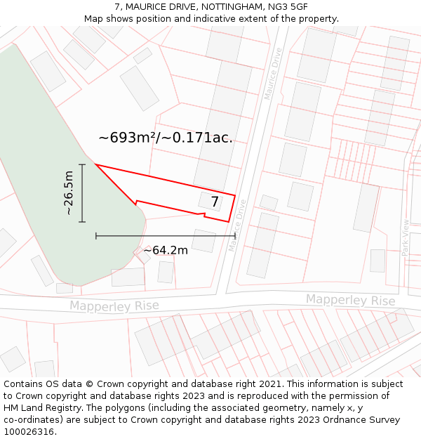 7, MAURICE DRIVE, NOTTINGHAM, NG3 5GF: Plot and title map