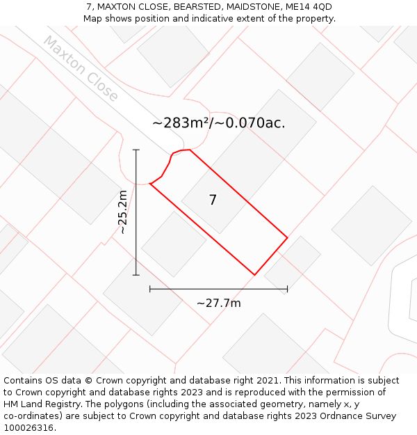 7, MAXTON CLOSE, BEARSTED, MAIDSTONE, ME14 4QD: Plot and title map