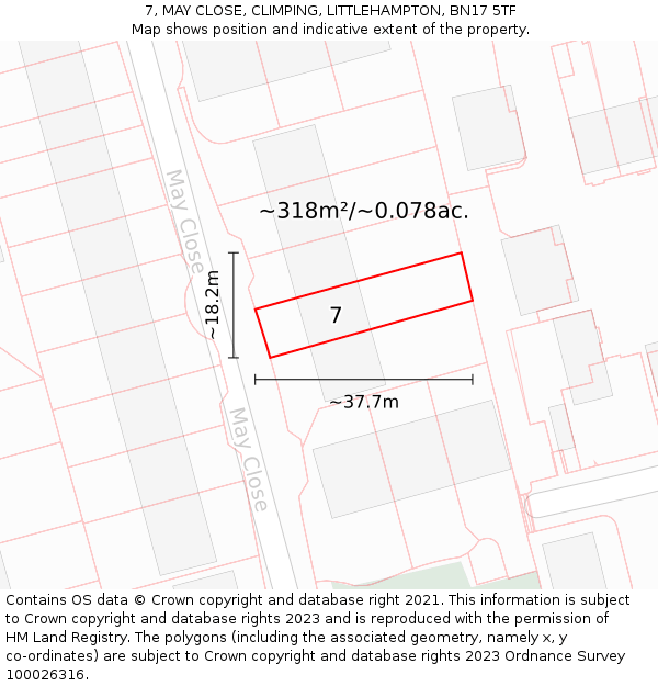 7, MAY CLOSE, CLIMPING, LITTLEHAMPTON, BN17 5TF: Plot and title map