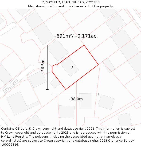 7, MAYFIELD, LEATHERHEAD, KT22 8RS: Plot and title map