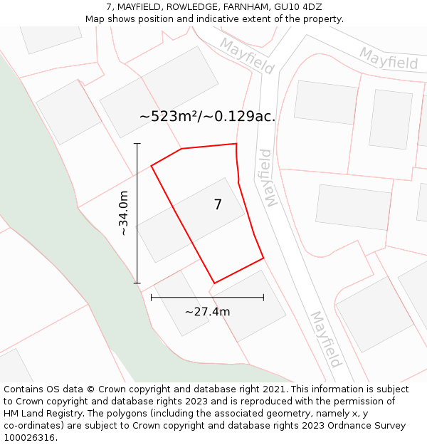 7, MAYFIELD, ROWLEDGE, FARNHAM, GU10 4DZ: Plot and title map