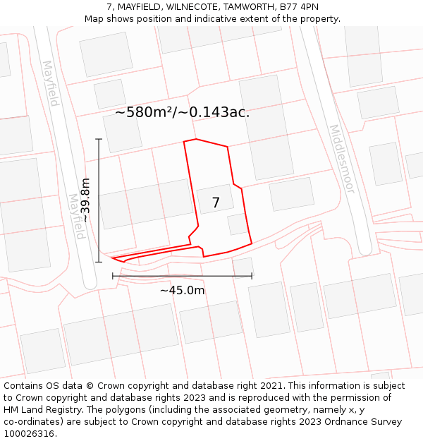 7, MAYFIELD, WILNECOTE, TAMWORTH, B77 4PN: Plot and title map