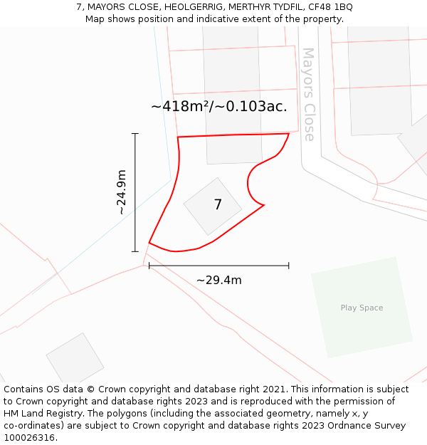 7, MAYORS CLOSE, HEOLGERRIG, MERTHYR TYDFIL, CF48 1BQ: Plot and title map