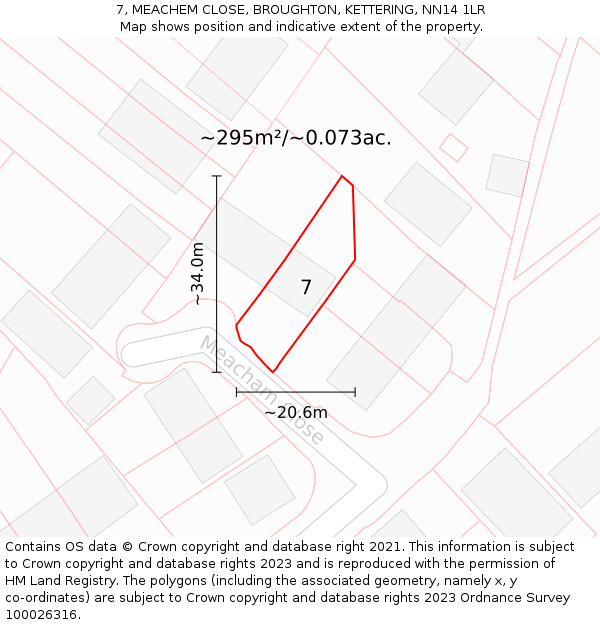 7, MEACHEM CLOSE, BROUGHTON, KETTERING, NN14 1LR: Plot and title map