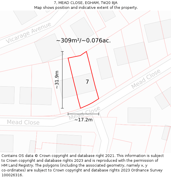 7, MEAD CLOSE, EGHAM, TW20 8JA: Plot and title map