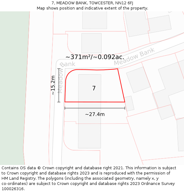 7, MEADOW BANK, TOWCESTER, NN12 6FJ: Plot and title map
