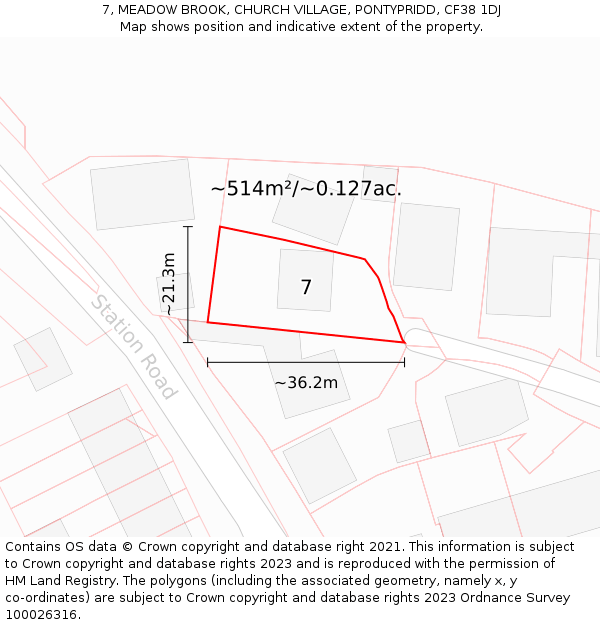 7, MEADOW BROOK, CHURCH VILLAGE, PONTYPRIDD, CF38 1DJ: Plot and title map