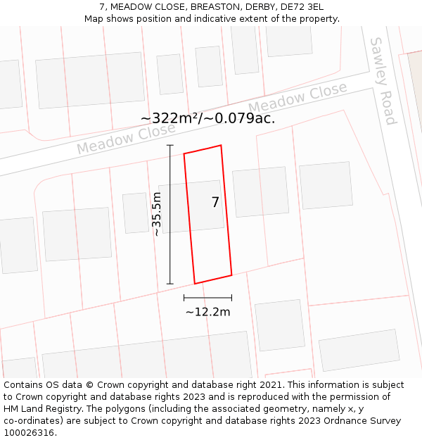 7, MEADOW CLOSE, BREASTON, DERBY, DE72 3EL: Plot and title map