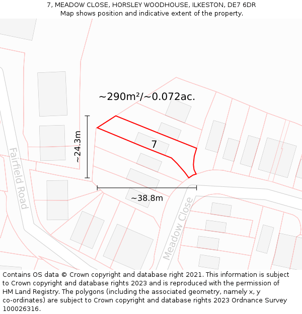 7, MEADOW CLOSE, HORSLEY WOODHOUSE, ILKESTON, DE7 6DR: Plot and title map
