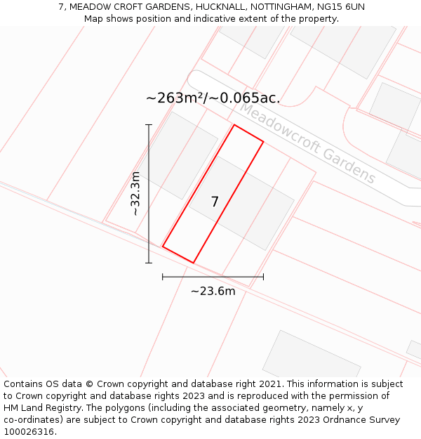 7, MEADOW CROFT GARDENS, HUCKNALL, NOTTINGHAM, NG15 6UN: Plot and title map