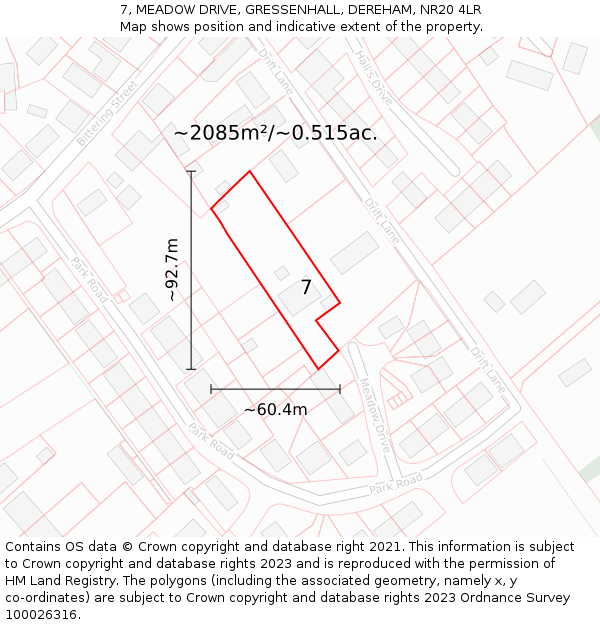 7, MEADOW DRIVE, GRESSENHALL, DEREHAM, NR20 4LR: Plot and title map