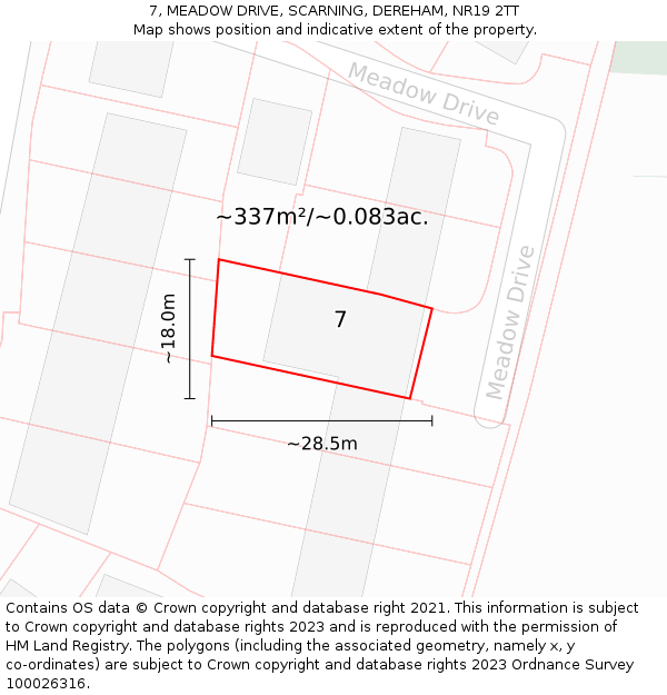7, MEADOW DRIVE, SCARNING, DEREHAM, NR19 2TT: Plot and title map