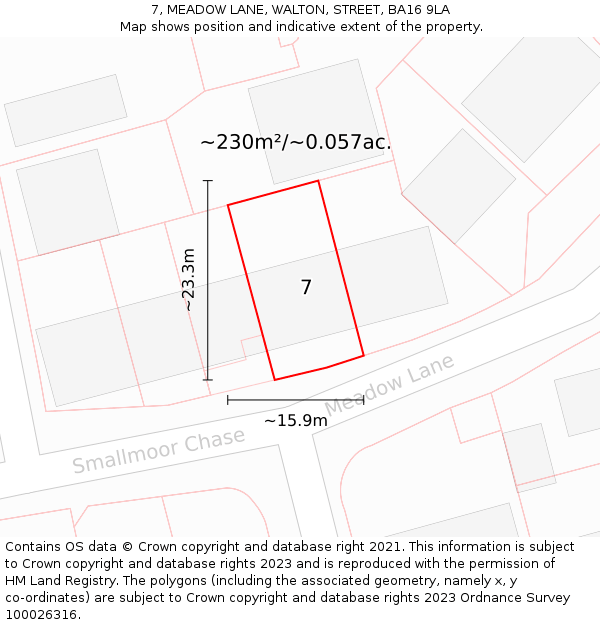 7, MEADOW LANE, WALTON, STREET, BA16 9LA: Plot and title map