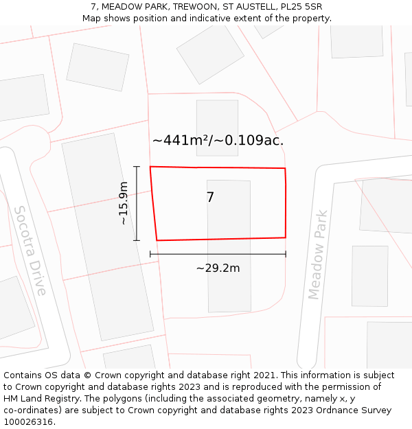 7, MEADOW PARK, TREWOON, ST AUSTELL, PL25 5SR: Plot and title map