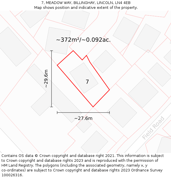 7, MEADOW WAY, BILLINGHAY, LINCOLN, LN4 4EB: Plot and title map