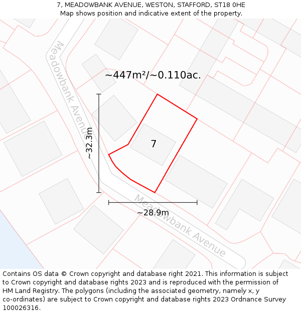 7, MEADOWBANK AVENUE, WESTON, STAFFORD, ST18 0HE: Plot and title map