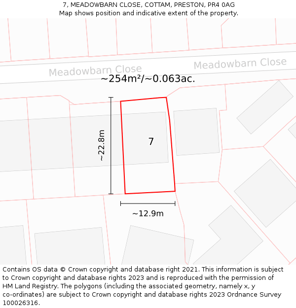 7, MEADOWBARN CLOSE, COTTAM, PRESTON, PR4 0AG: Plot and title map