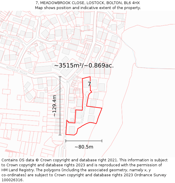 7, MEADOWBROOK CLOSE, LOSTOCK, BOLTON, BL6 4HX: Plot and title map