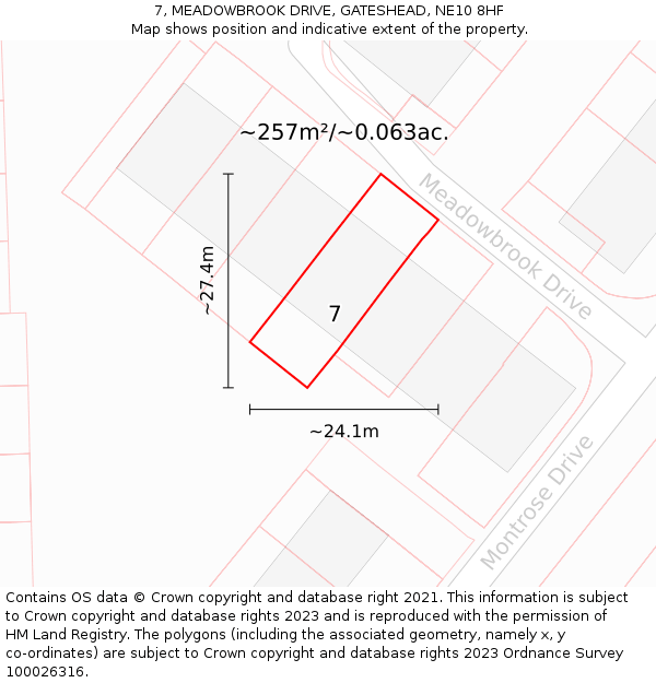 7, MEADOWBROOK DRIVE, GATESHEAD, NE10 8HF: Plot and title map