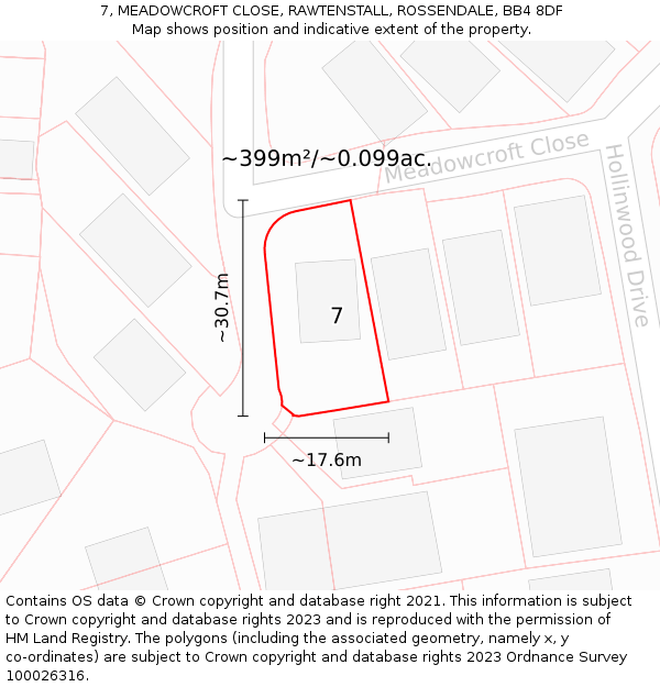 7, MEADOWCROFT CLOSE, RAWTENSTALL, ROSSENDALE, BB4 8DF: Plot and title map