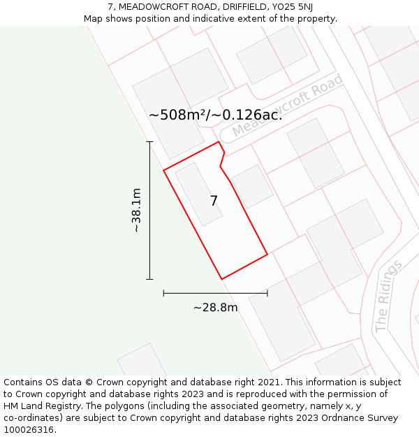 7, MEADOWCROFT ROAD, DRIFFIELD, YO25 5NJ: Plot and title map