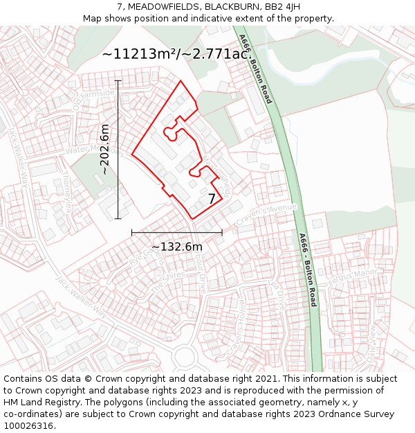 7, MEADOWFIELDS, BLACKBURN, BB2 4JH: Plot and title map