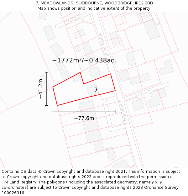 7, MEADOWLANDS, SUDBOURNE, WOODBRIDGE, IP12 2BB: Plot and title map