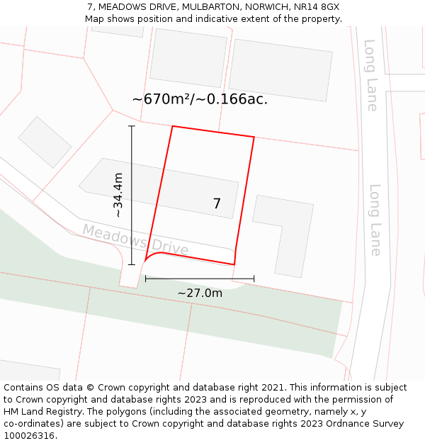 7, MEADOWS DRIVE, MULBARTON, NORWICH, NR14 8GX: Plot and title map