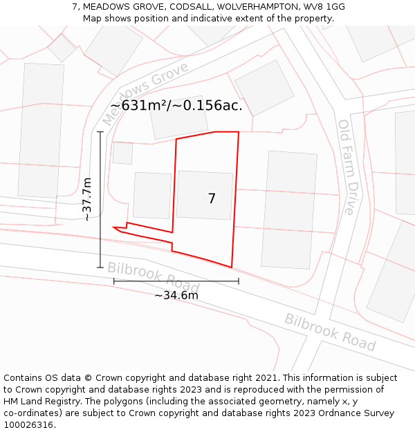 7, MEADOWS GROVE, CODSALL, WOLVERHAMPTON, WV8 1GG: Plot and title map
