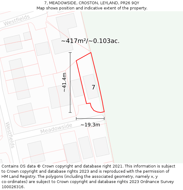 7, MEADOWSIDE, CROSTON, LEYLAND, PR26 9QY: Plot and title map