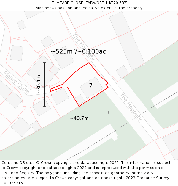 7, MEARE CLOSE, TADWORTH, KT20 5RZ: Plot and title map