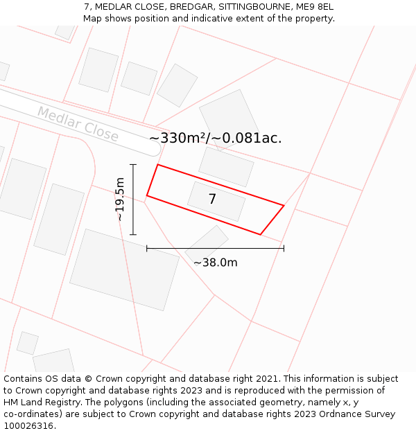 7, MEDLAR CLOSE, BREDGAR, SITTINGBOURNE, ME9 8EL: Plot and title map