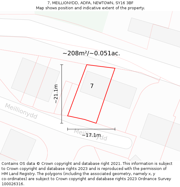 7, MEILLIONYDD, ADFA, NEWTOWN, SY16 3BF: Plot and title map