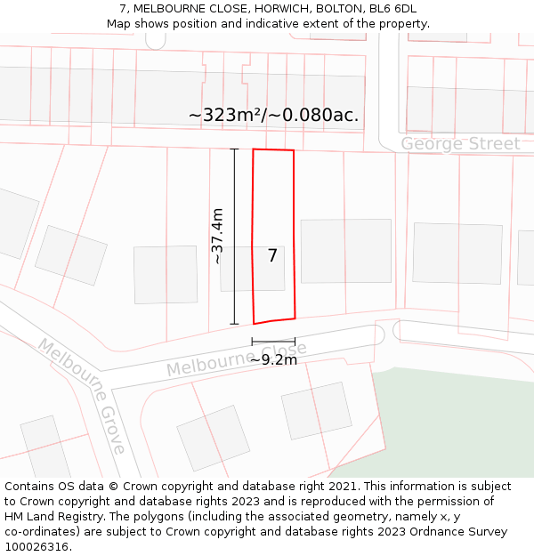 7, MELBOURNE CLOSE, HORWICH, BOLTON, BL6 6DL: Plot and title map