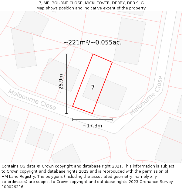 7, MELBOURNE CLOSE, MICKLEOVER, DERBY, DE3 9LG: Plot and title map