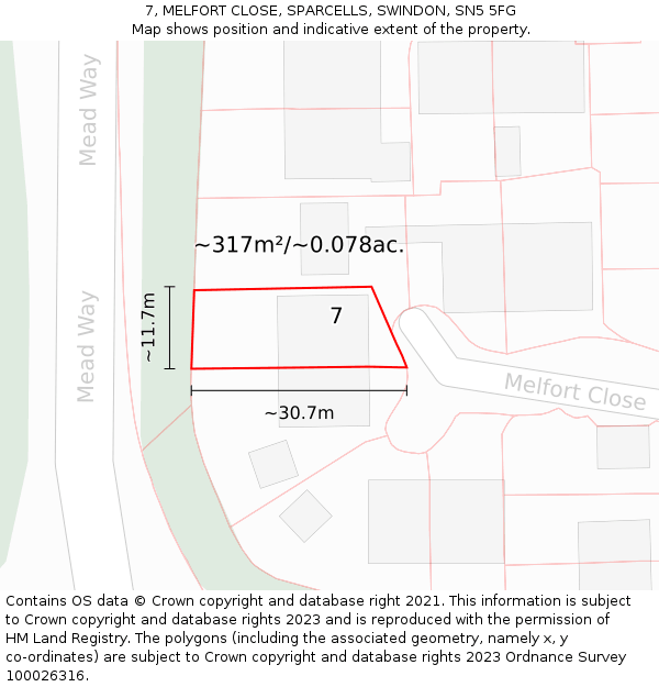 7, MELFORT CLOSE, SPARCELLS, SWINDON, SN5 5FG: Plot and title map