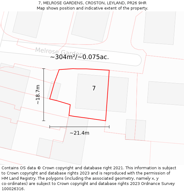 7, MELROSE GARDENS, CROSTON, LEYLAND, PR26 9HR: Plot and title map