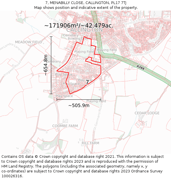 7, MENABILLY CLOSE, CALLINGTON, PL17 7TJ: Plot and title map