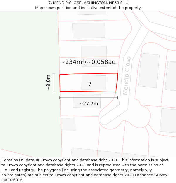 7, MENDIP CLOSE, ASHINGTON, NE63 0HU: Plot and title map