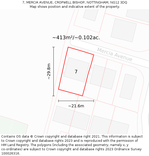 7, MERCIA AVENUE, CROPWELL BISHOP, NOTTINGHAM, NG12 3DQ: Plot and title map