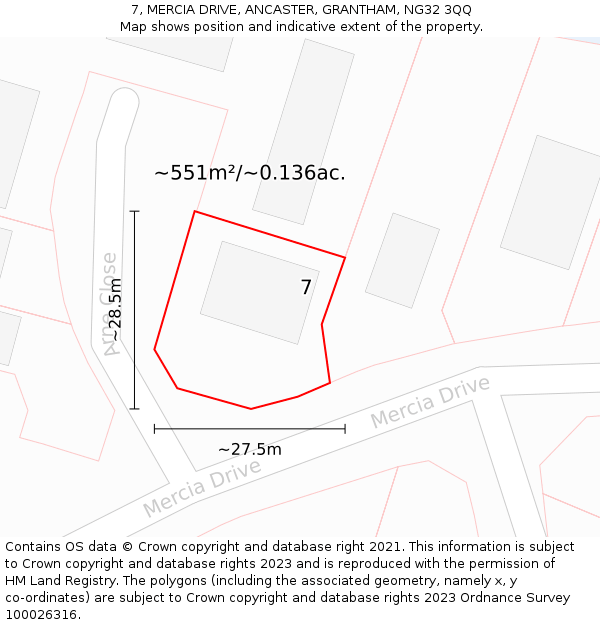 7, MERCIA DRIVE, ANCASTER, GRANTHAM, NG32 3QQ: Plot and title map