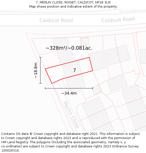 7, MERLIN CLOSE, ROGIET, CALDICOT, NP26 3UX: Plot and title map